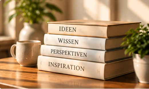 Vier Bücher mit den Aufschriften Ideen, Wissen, Perspektiven und Inspiration auf einem Holztisch neben einer Tasse und Pflanzen