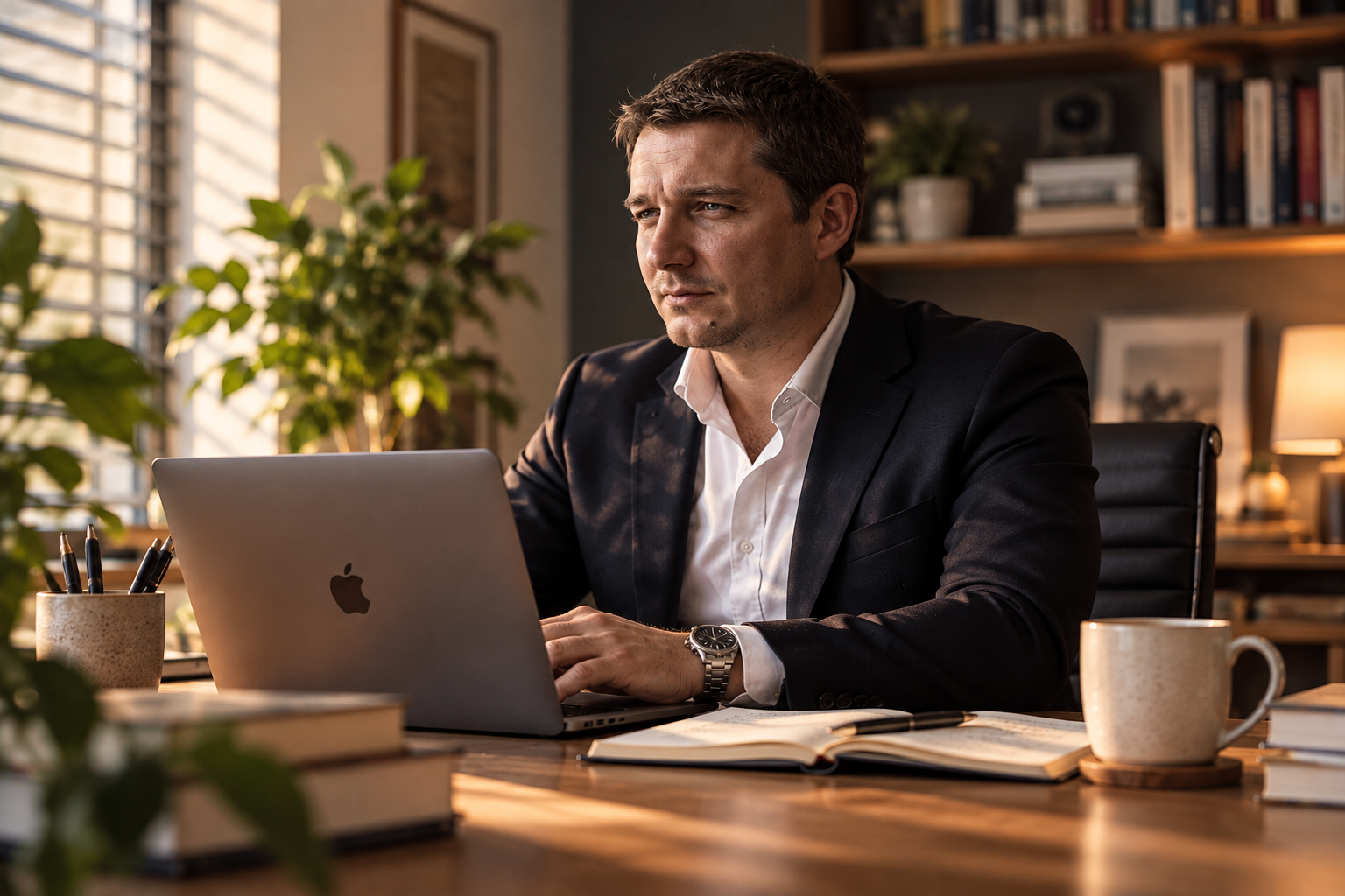 Marcel Gebhardt am Schreibtisch mit MacBook, Notizbuch und Büchern