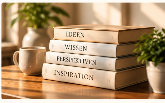 Vier gebundene Bücher mit den Aufschriften Ideen, Wissen, Perspektiven und Inspiration